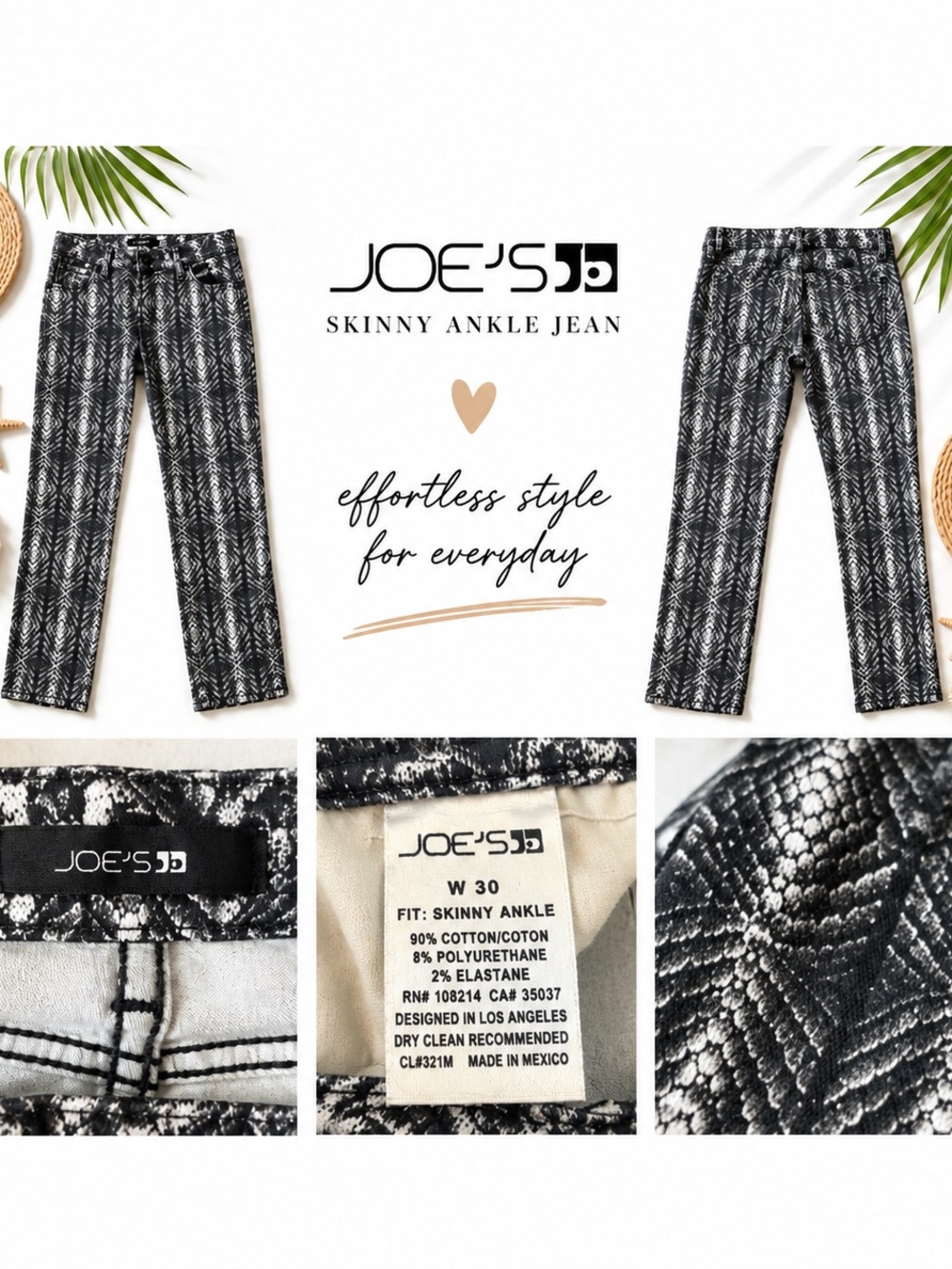 Joe's Jeans Black & White Snakeskin Printed Skinny Ankle Jeans